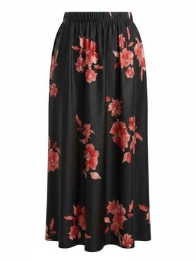 Haute Monde Black Maxi Skirt with Coral Floral Print